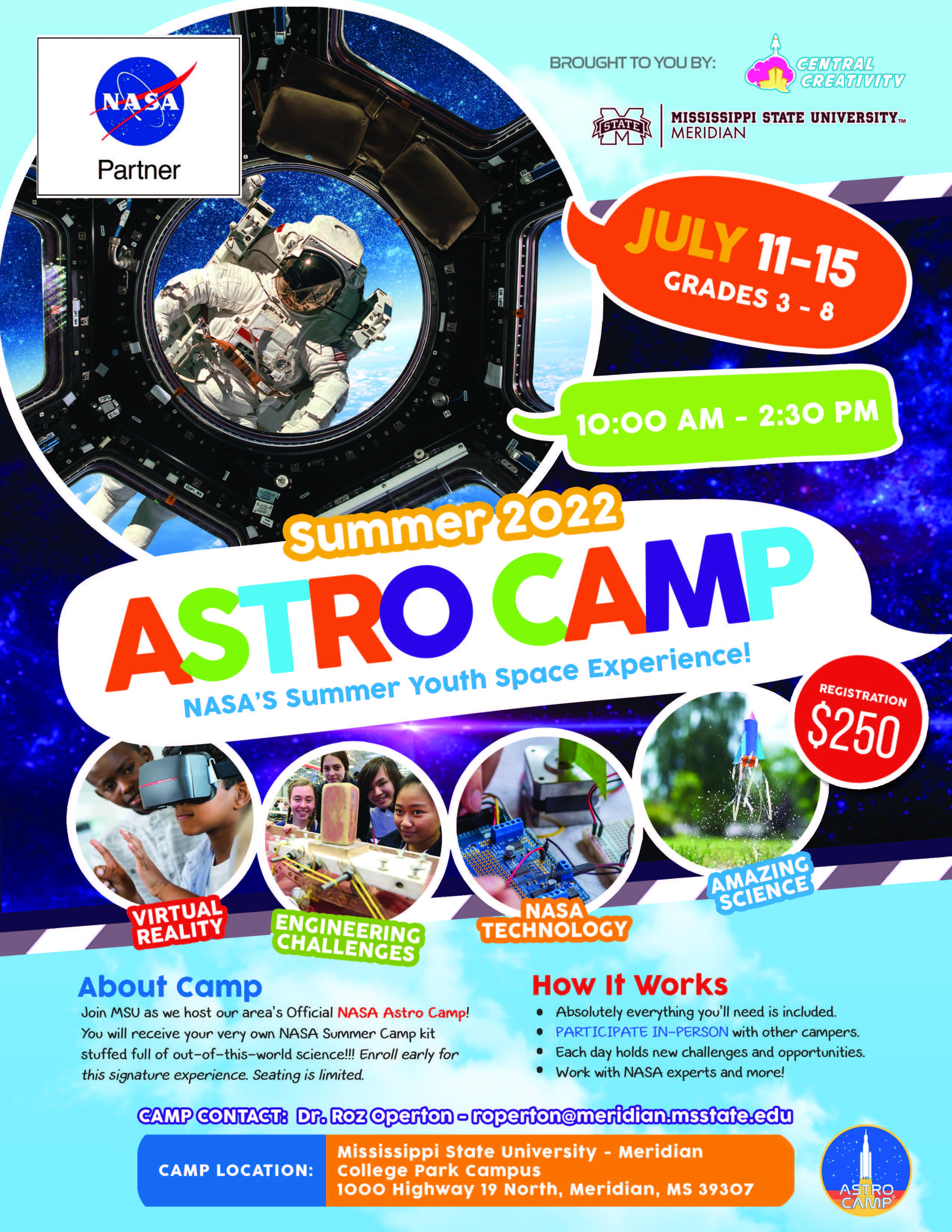 Astro camp flyer with space themed photos and information included on this webpage.