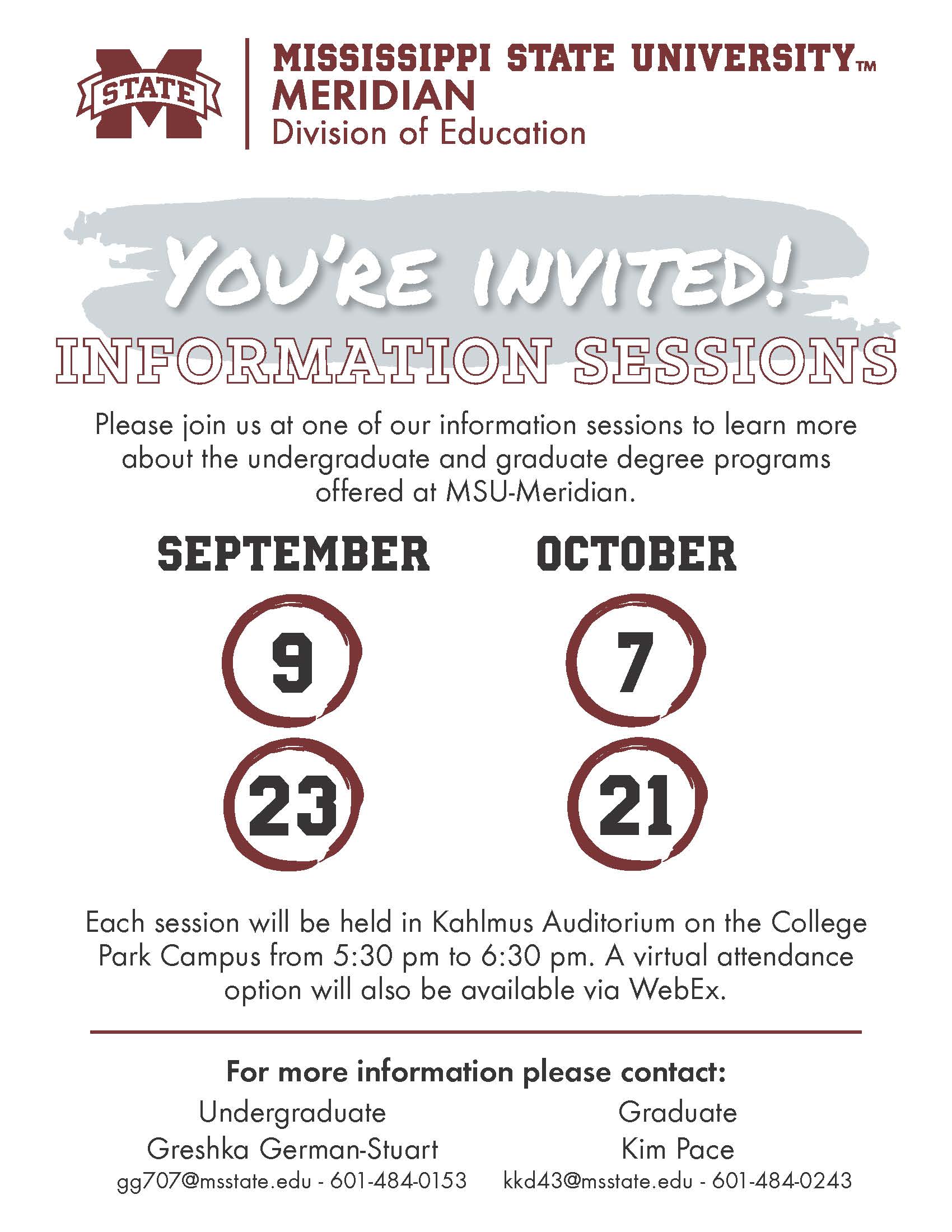 Information sessions will be held September 9 and 23 and October 7 and 21