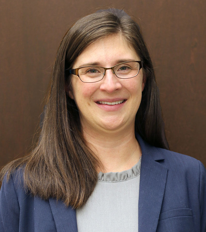Portrait of Ms. Heidi Vonderheide with long brown hair wearing glasses and a grey shirt with a blue blazer. 