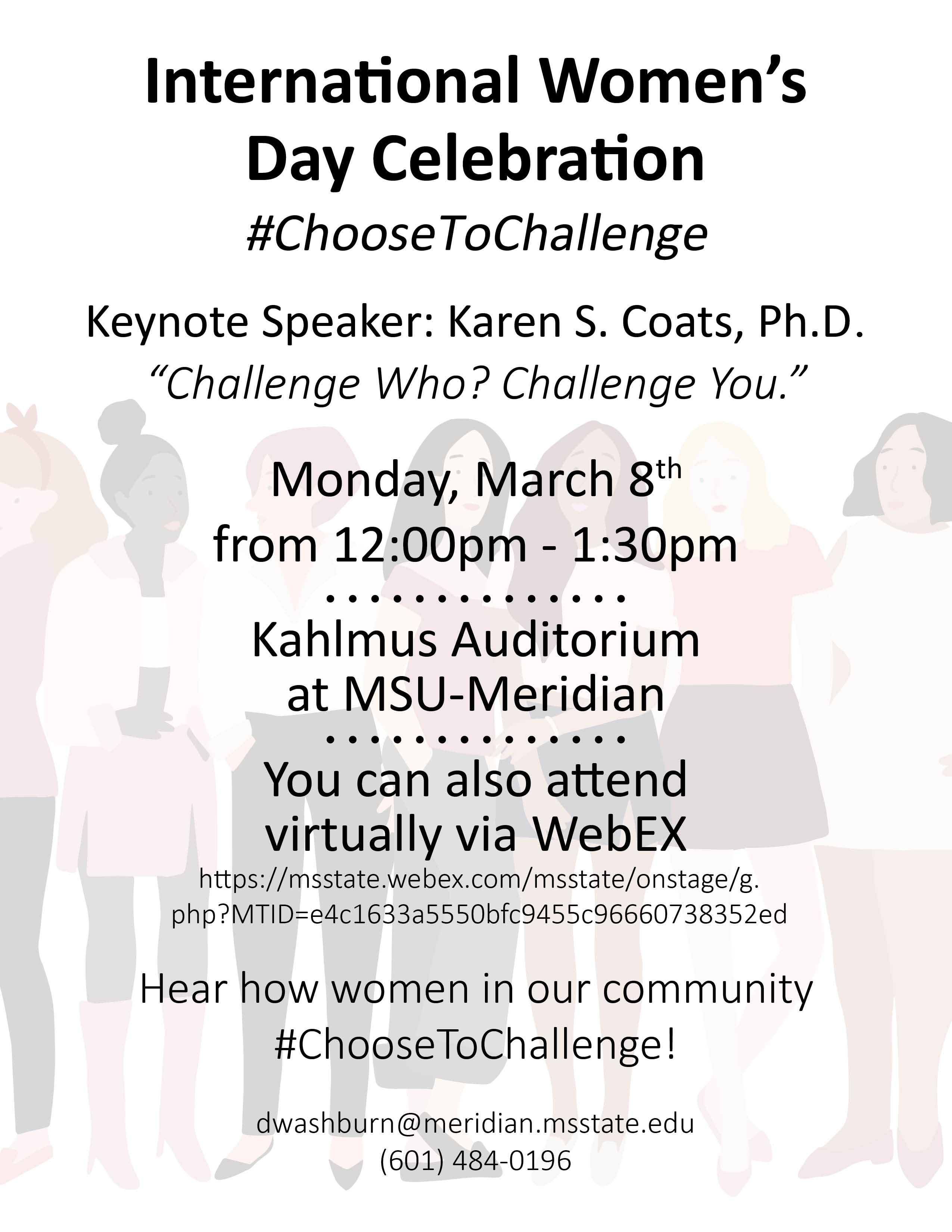Flyer for International Women's Day - Information also listed on this page. Silhouette images of female shapes pictured lightly