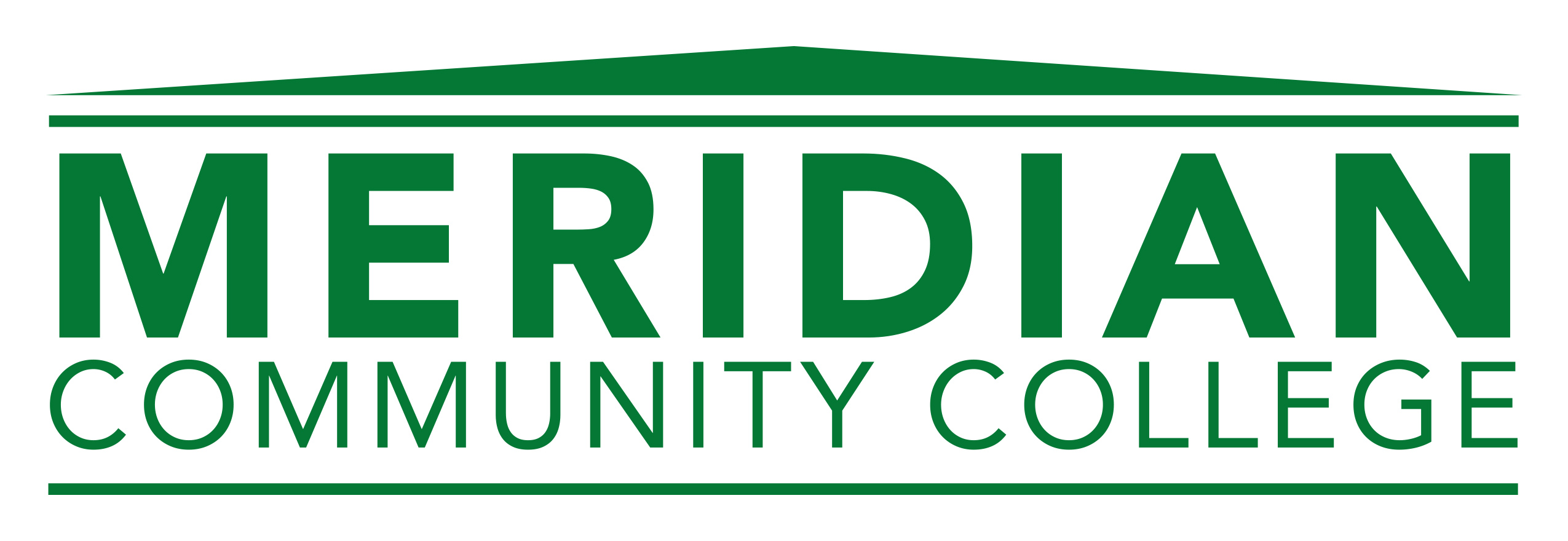Meridian Community College Logo with grass green house top over text "Meridian Community College"
