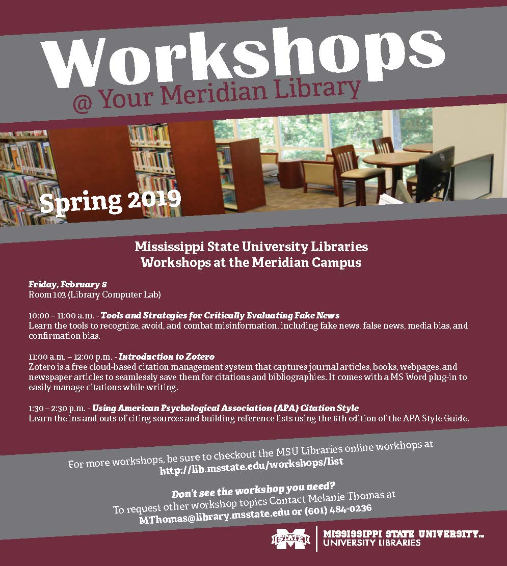 Upcoming library workshops at MSU-Meridian February 8