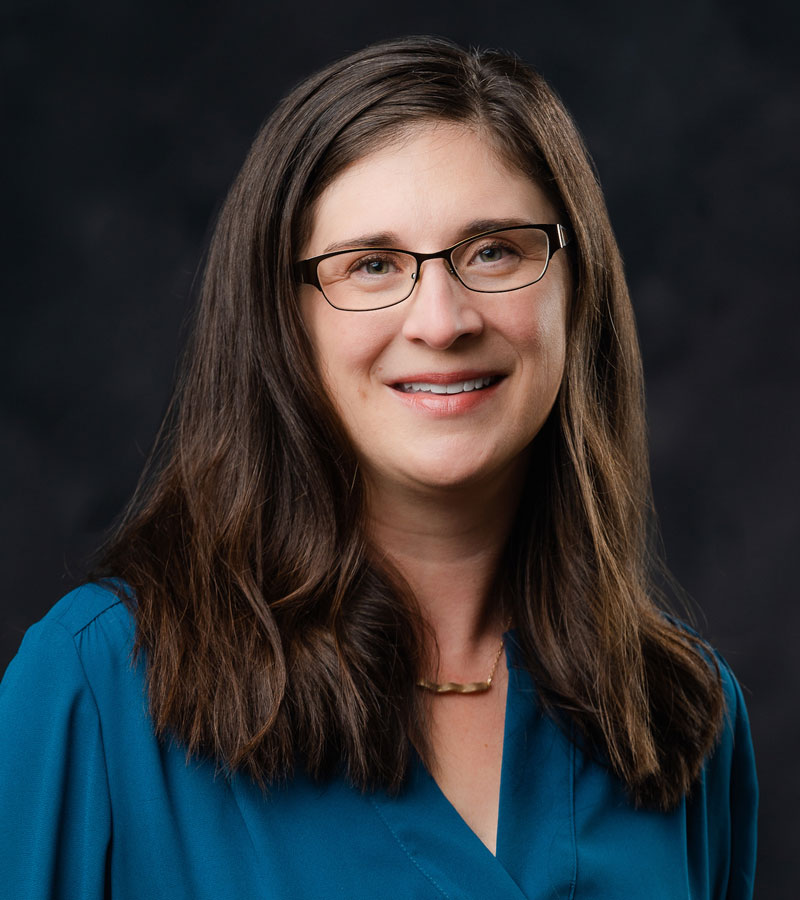 Portrait of Ms. Heidi Vonderheide with long brown hair wearing glasses and a grey shirt with a blue top