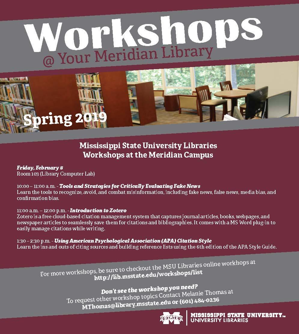 Meridian Campus Library Workshop flier - Spring 2019.