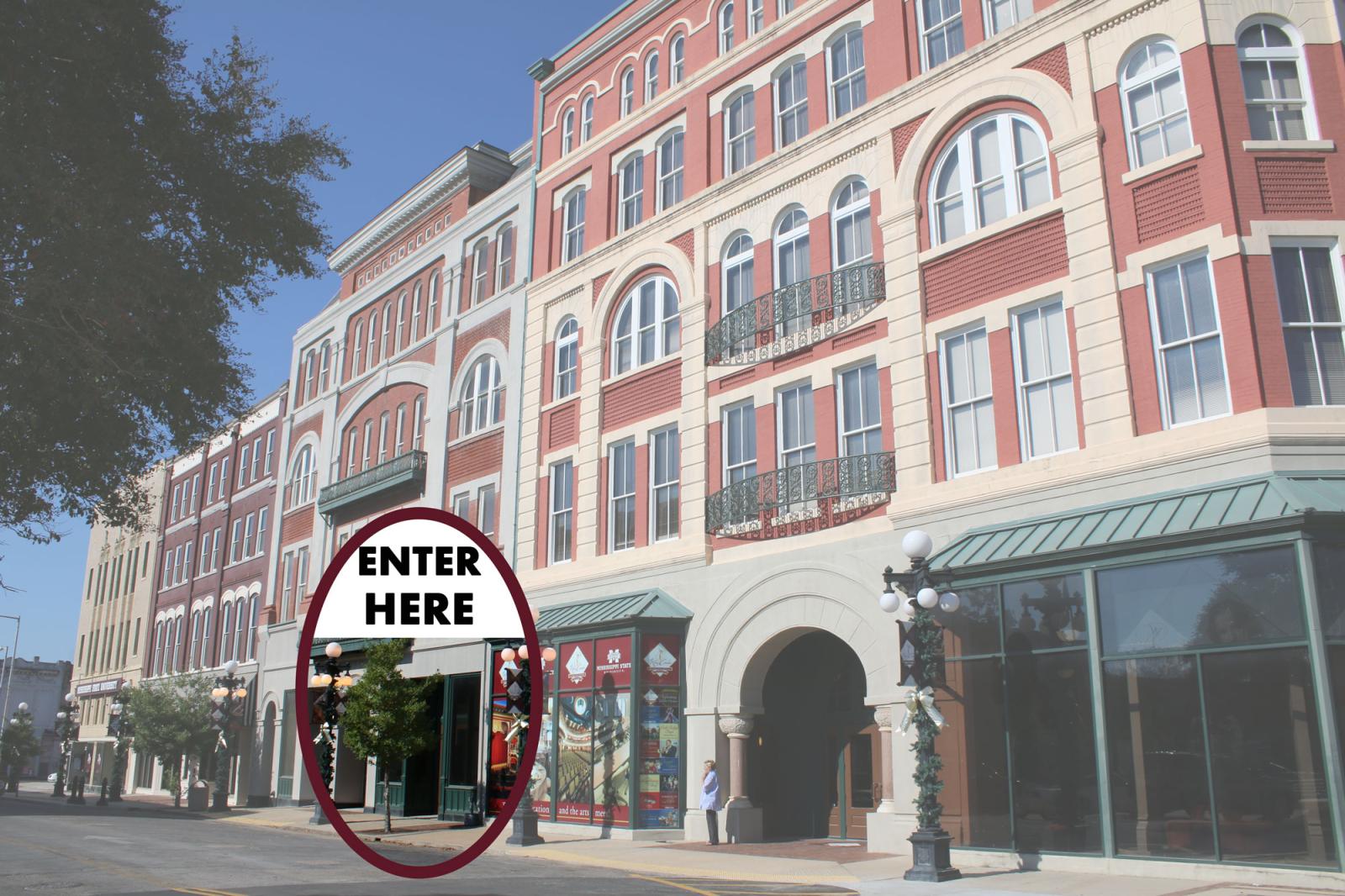 Riley Campus in downtown Meridian looking from the corner of the Riley Center looking toward Rosenbaum with a circle on entrance