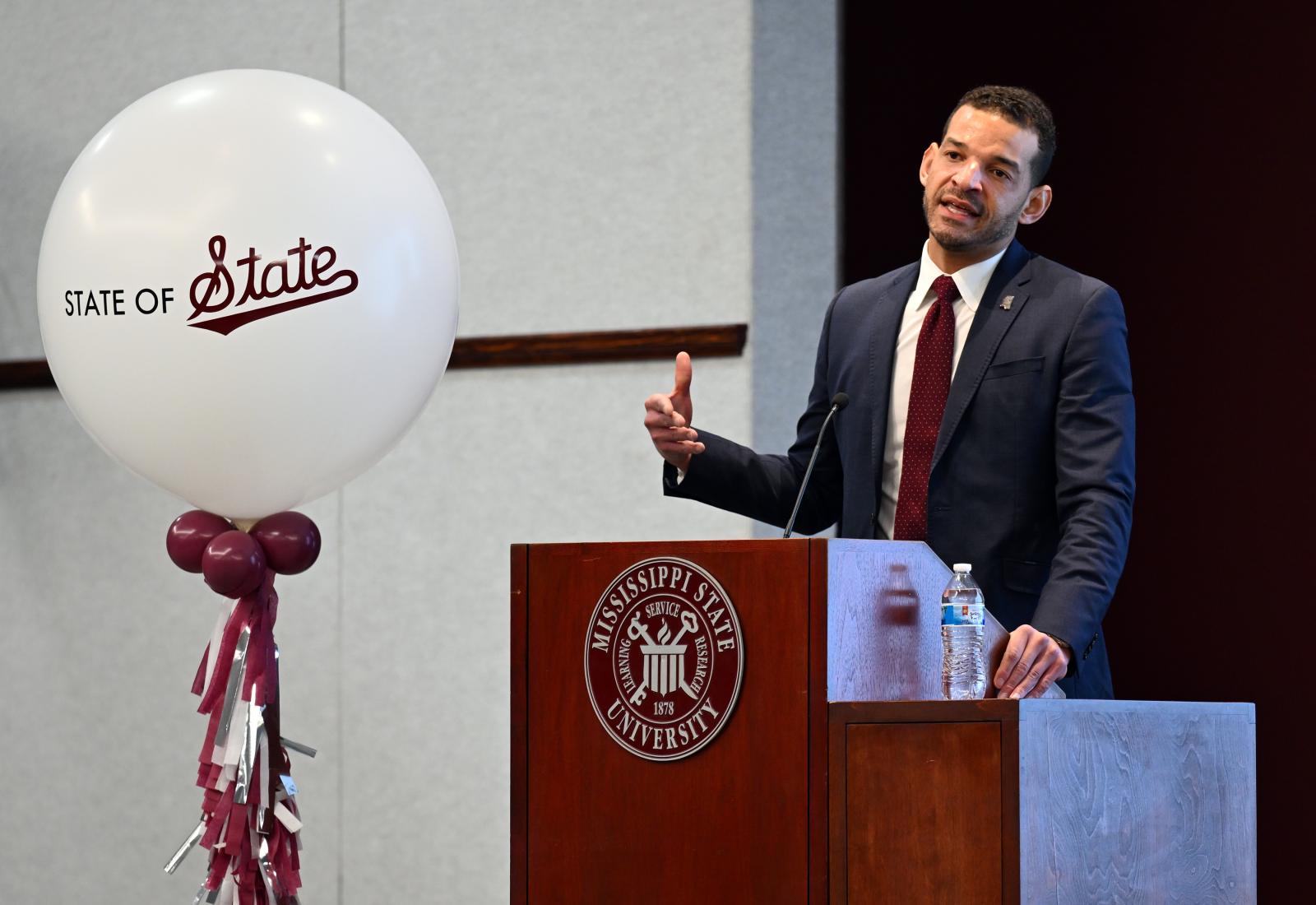 MSU PHOTO ID: Mississippi State University Director of Athletics Zac Selmon speaks to MSU-Meridian faculty and staff at the campus’ recent State of State, an information-sharing event held each semester. (Photograph by Richard Anderson/MSU-Meridian).
