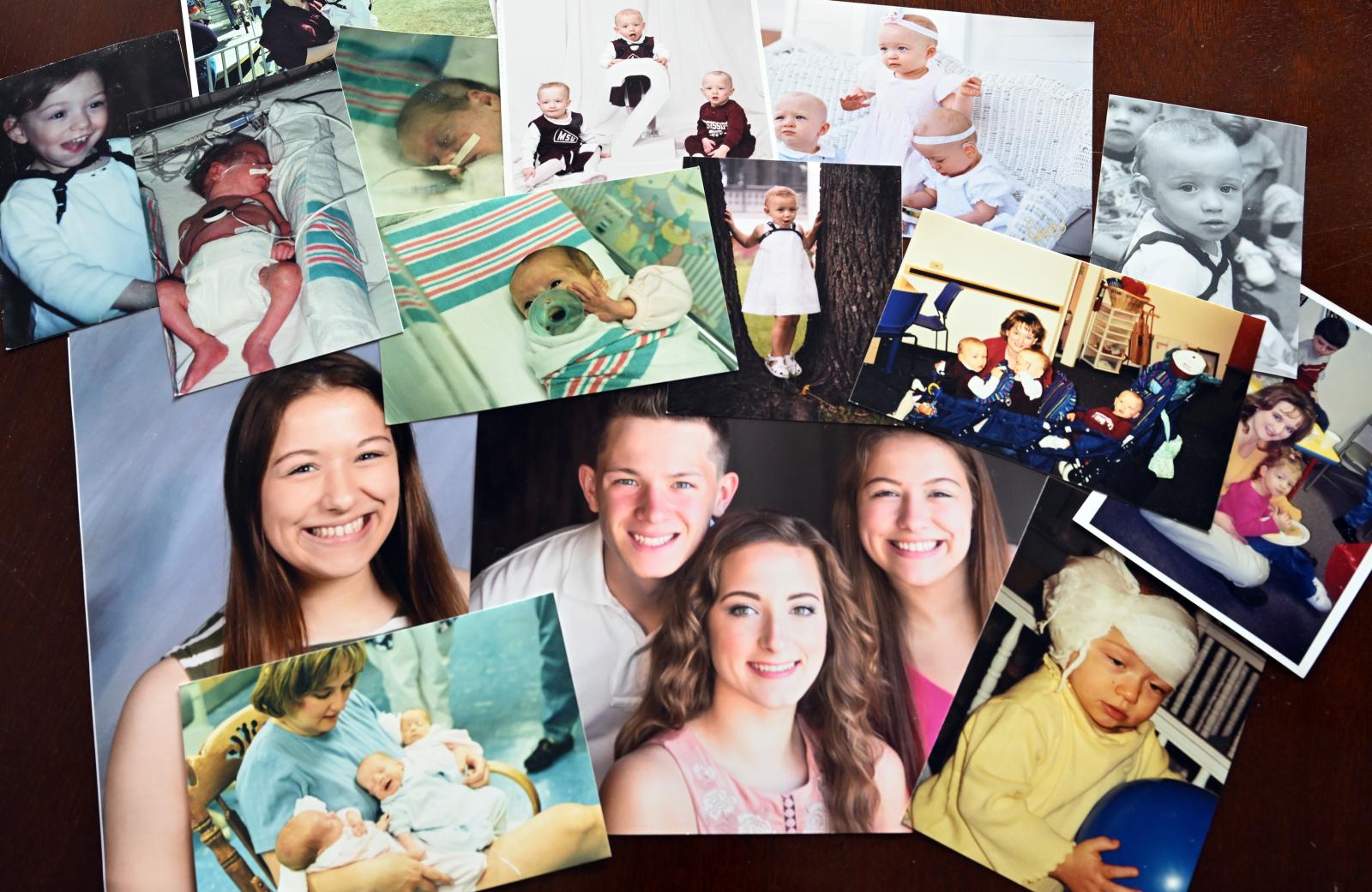 Family photos collaged on table