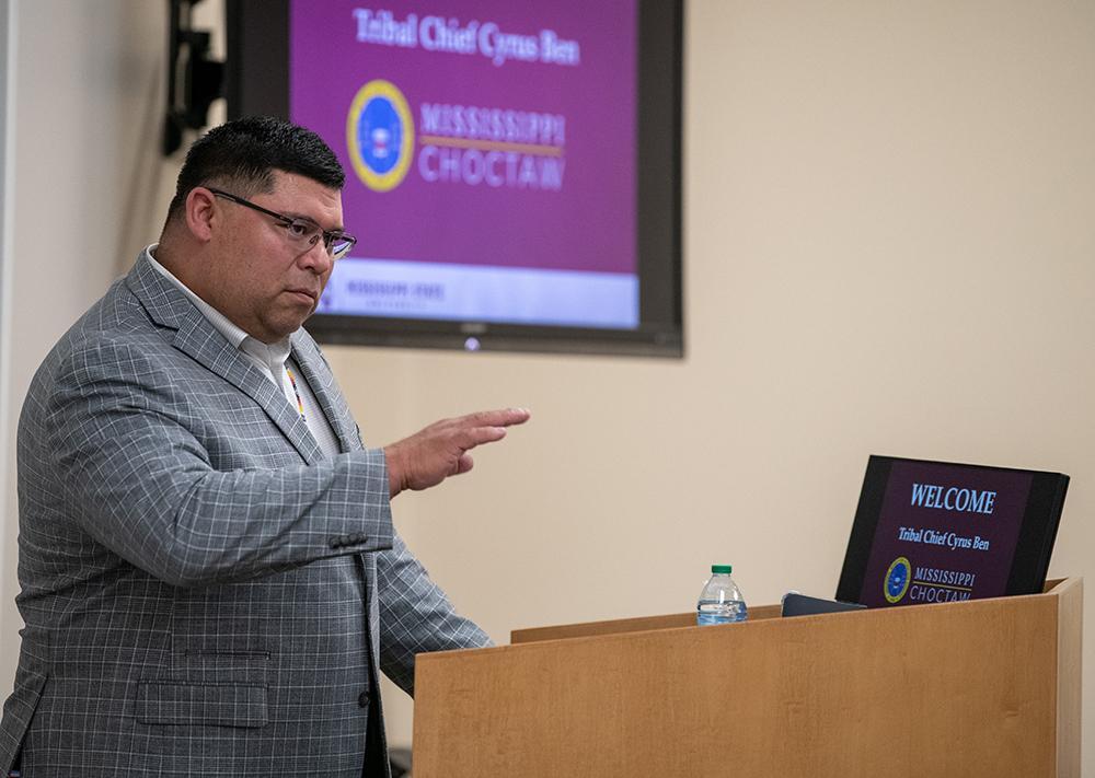 Mississippi Band of Choctaw Indians Tribal Chief Cyrus Ben delivers remarks on the importance of community and policy from a tribal perspective Thursday [March 6] at MSU-Meridian. The second-term chief also toured MSU-Meridian facilities and met with staff and students. (Photo by Revere Photography)