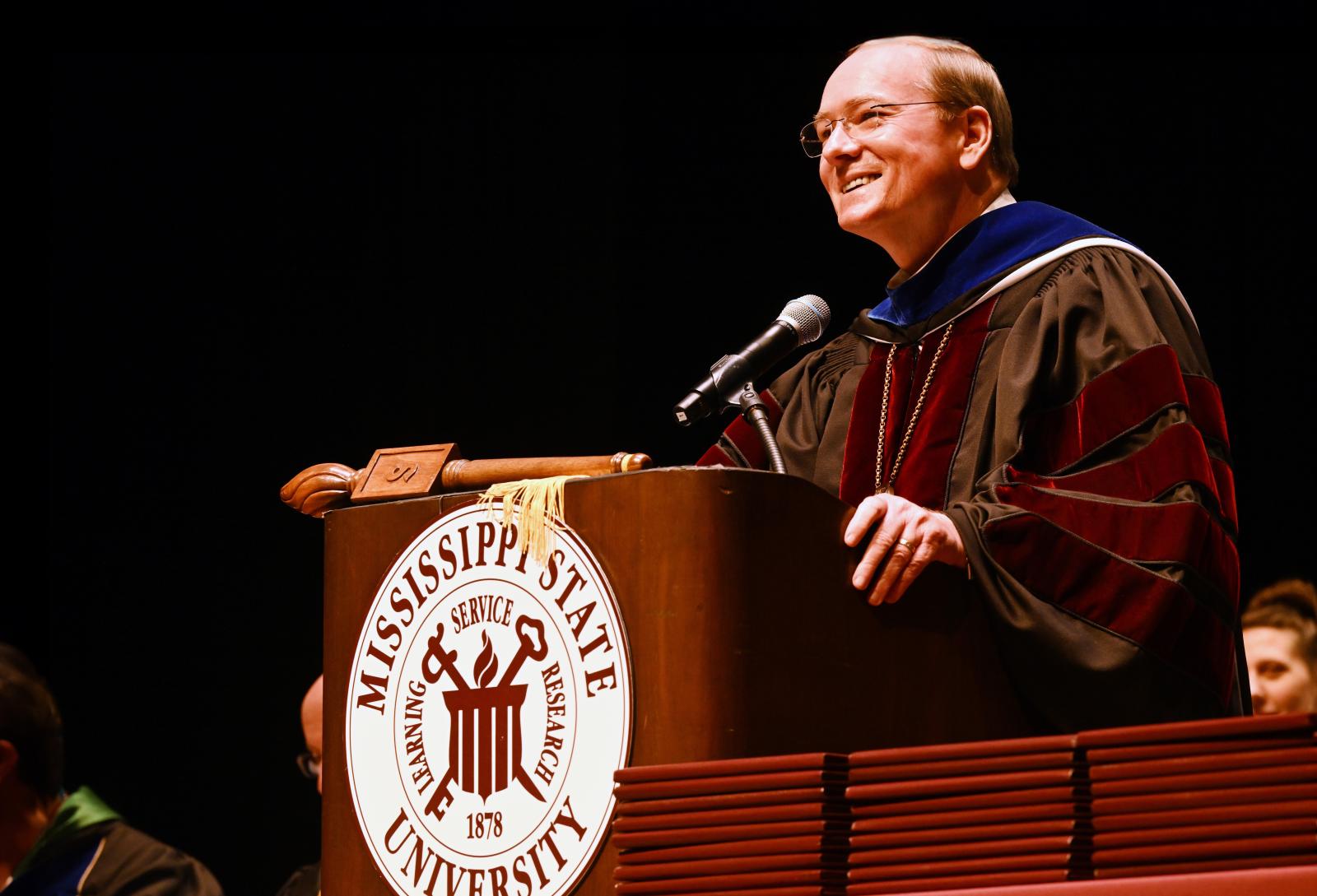 MSU President Mark E. Keenum addresses graduates at MSU-Meridian's spring commencement.