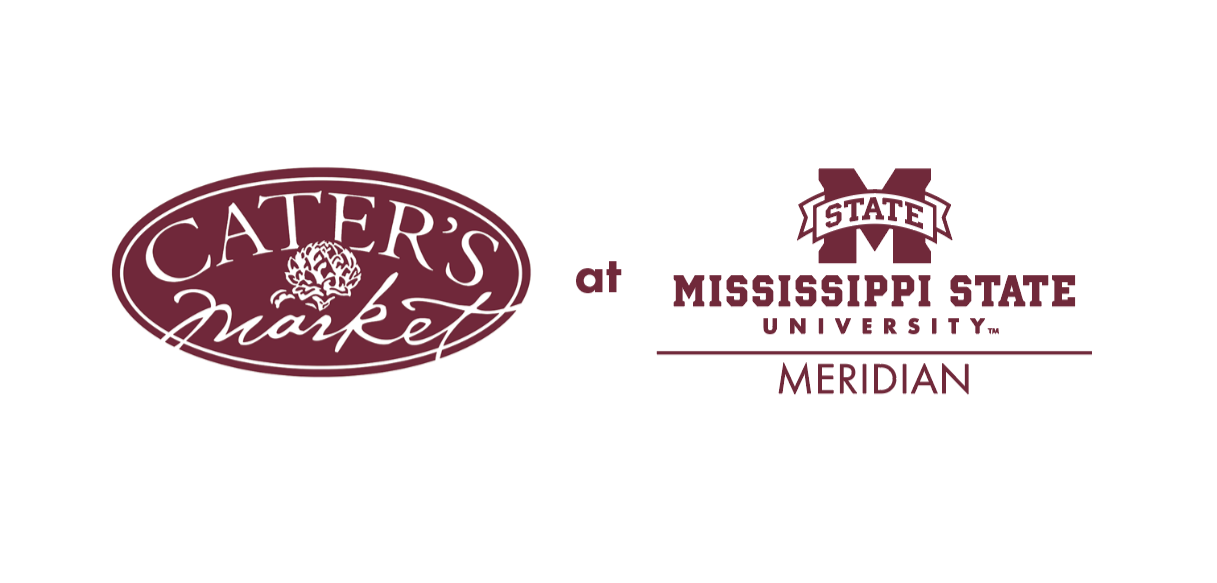 Maroon Cater's Market logo next to maroon Mississippi State University Meridian logo.