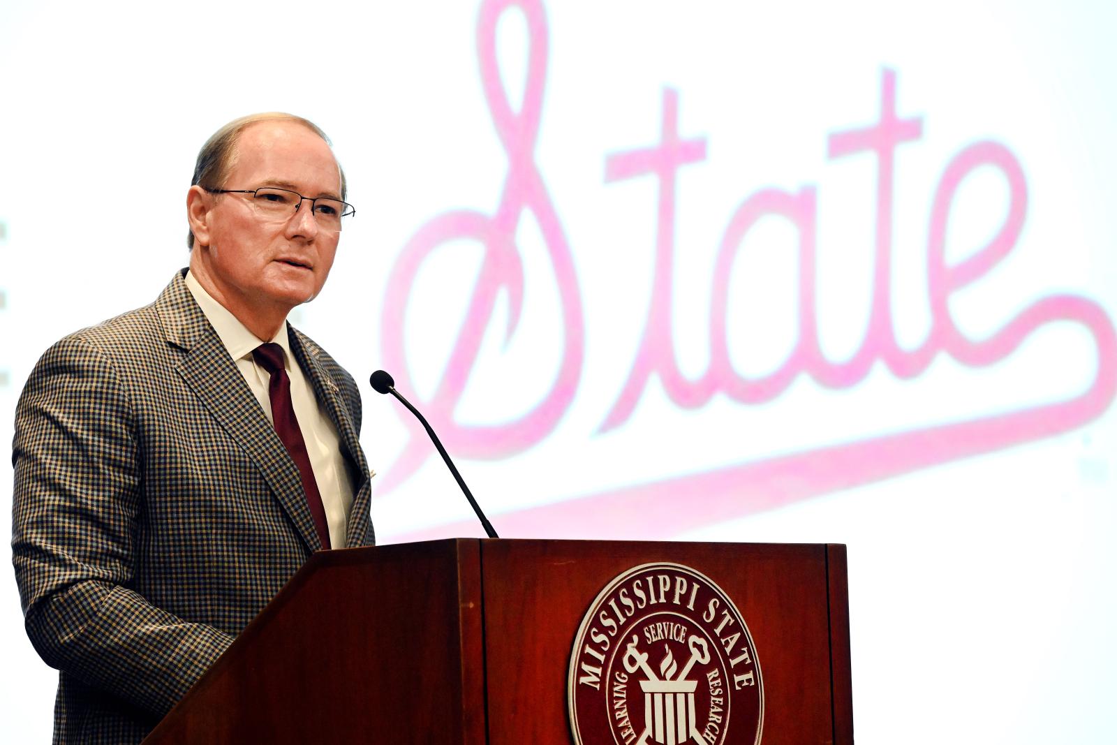 Dr. Mark E. Keenum, president of Mississippi State University, speaks to faculty and staff at MSU-Meridian&#039;s fall State of the State tailgate gathering. (Photo by Marianne Todd/MSU-Meridian)
